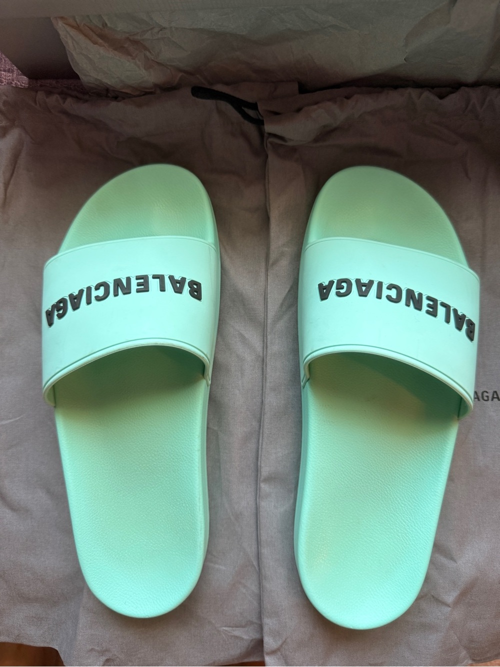 Balenciaga Mint Green Logo Slide Sandals